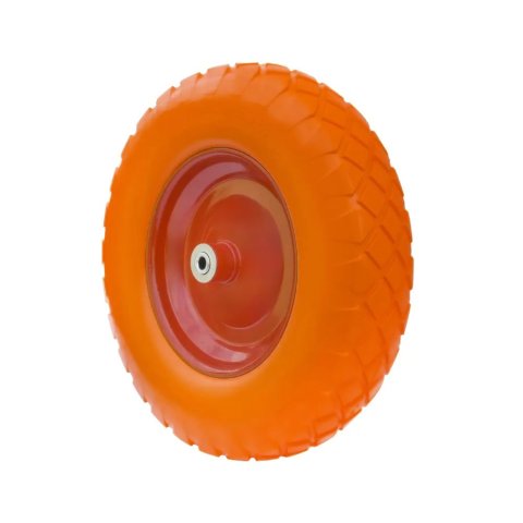 PU 3007-12 - Колесо для тачки / тележки полиуретановое бескамерное 4.80/4.00-8, сварной диск, диаметр 390 мм, ось 12 мм, металлический обод, симметричная ступица, шариковый подшипник